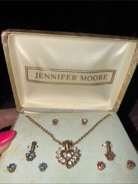 NWT Vintage Jennifer Moore Gold Heart Pendant Necklace Interchangeable w/studs